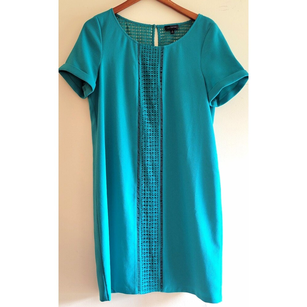 The Limited Teal Shift Dress M Crochet Yoke Cut Out Round Neck Knee